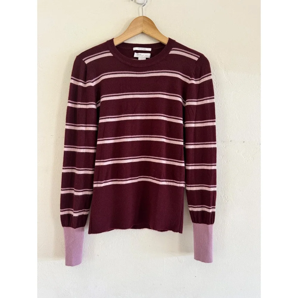 Nordstrom Signature Burgundy Pink Striped 100% Cashmere Crew Neck Sweater Large
